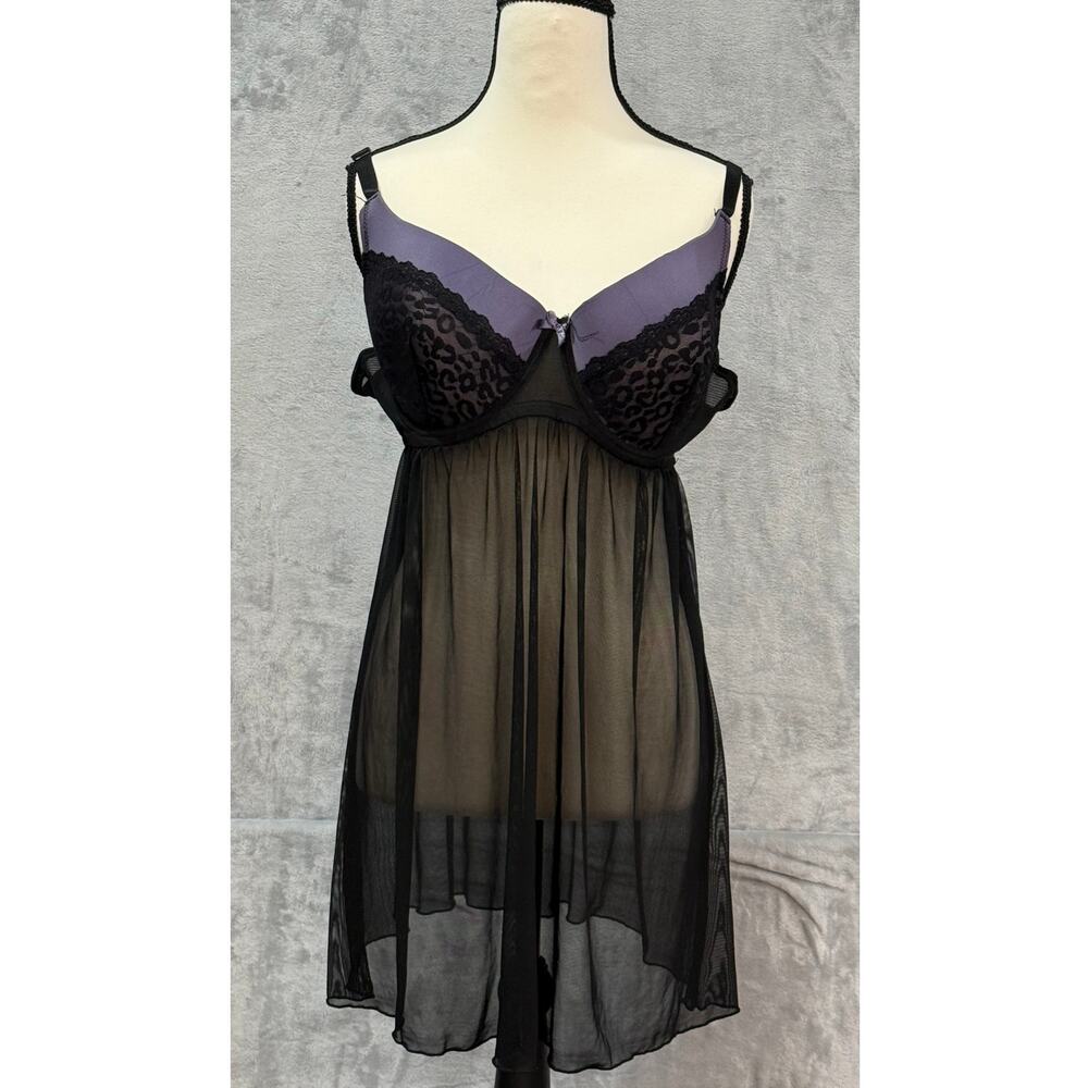 Y2K Delta Burke Black Purple Sheer Babydoll Top Lace Lingerie Layering Womens 2X